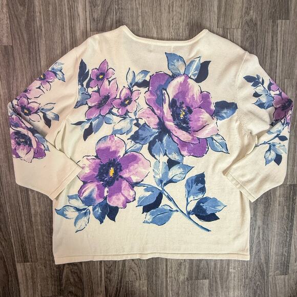 Alfred Dunner Floral Embellished Pullover Sweater Cream Purple Blue Flowers - Picture 2 of 6